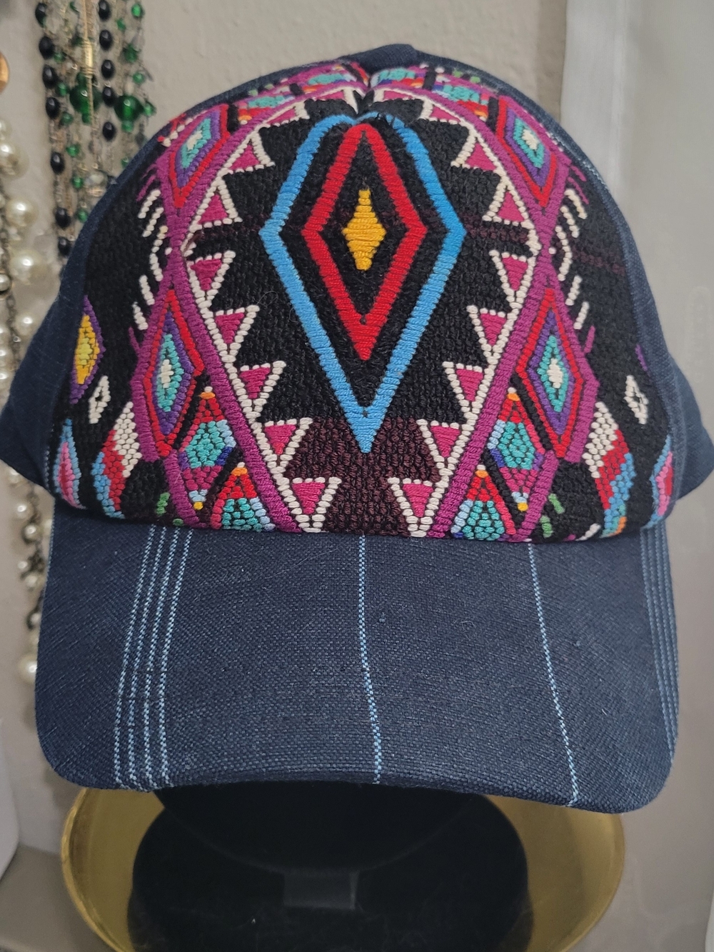 Embroidered Geo Pattern Baseball Cap - Navy with Multicolor Embroidery